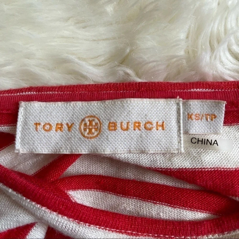 Tory Burch Blouse Top Linen Long Sleeve Eyelet Hem Stripes Red and Cream XS